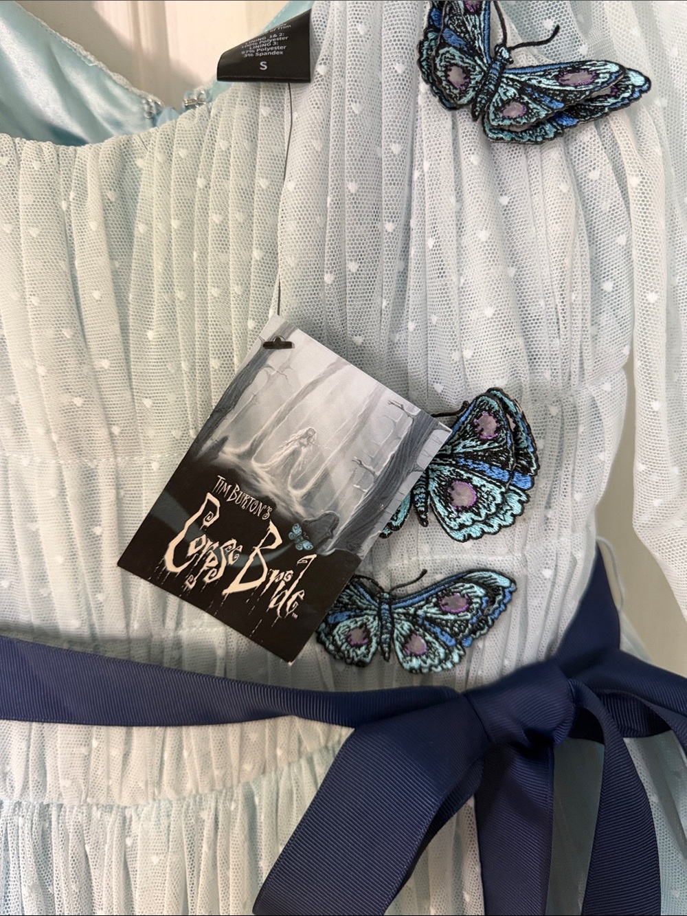 Light Blue Tulle Maxi Dress with Navy Sash and Butterfly Appliqués - Picture 2 of 3